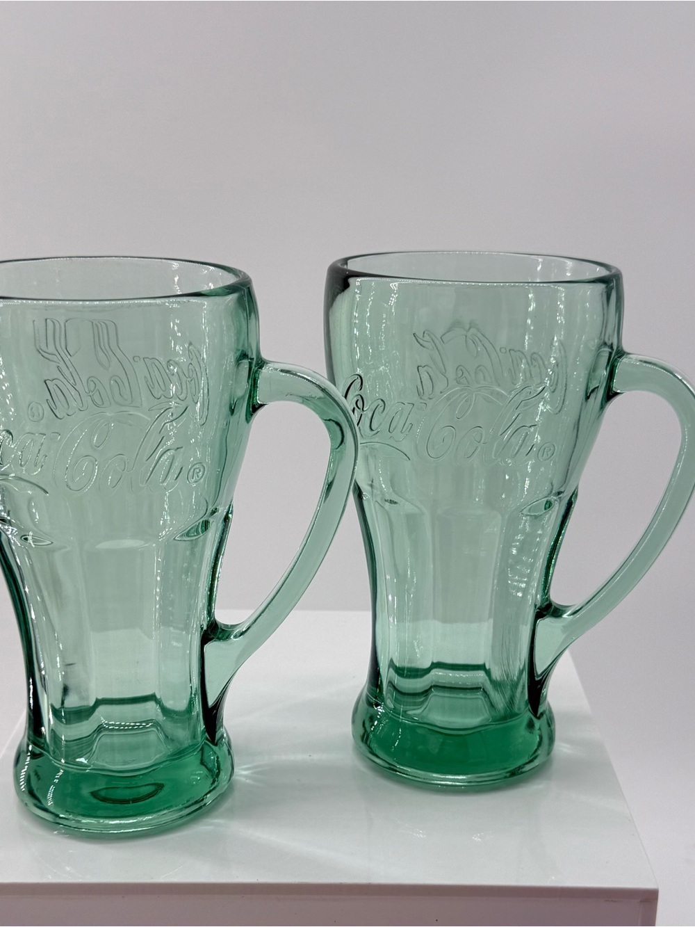 Coca Cola Seafoam Green Embossed Glass Mugs, Pair